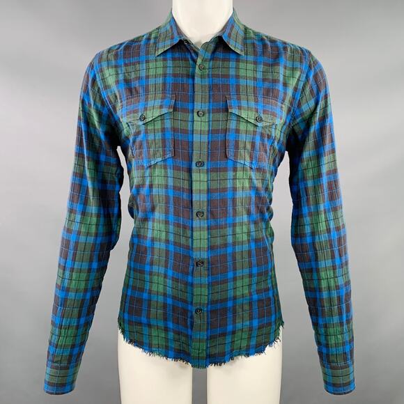VINCE Size S Green Blue Plaid Cotton Blend Raw Edge Long Sleeve Shirt - Picture 1 of 7